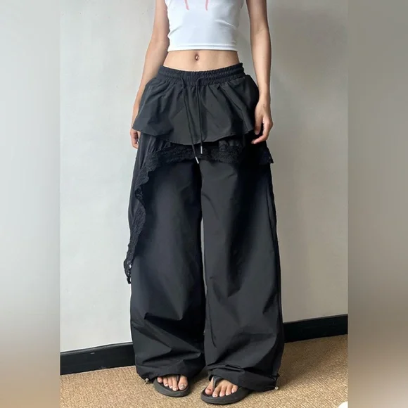 Street Y2K Punk Nylon & Lace Skirt Wide Leg Pants Combo Black S Whimsigoth - Picture 5 of 16